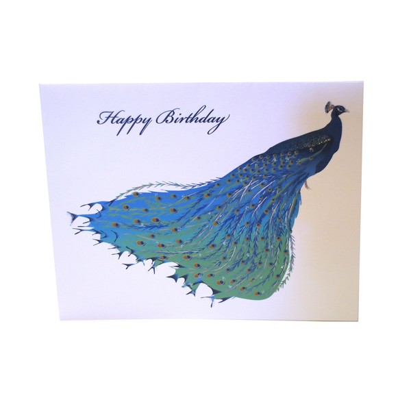 Studio Daedre 4"x 5.5" Birthday Card with Matching White Envelope, "Happy Birthday" Peacock
