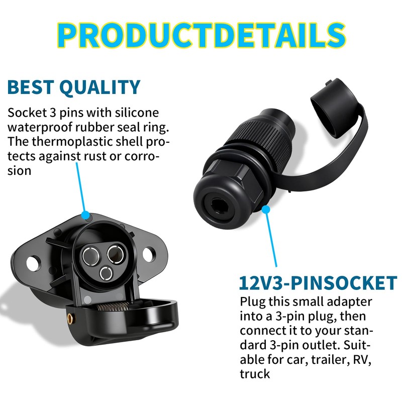 Yuanjoy 12 V 24 V Car Trailer Plug Socket 3-Pin