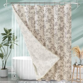 3 in 1 Shower Curtain with Liner and Hooks Grey Floral Cotton Linen Shower Curtain for Bathroom 72" W x 72" L Double Layer