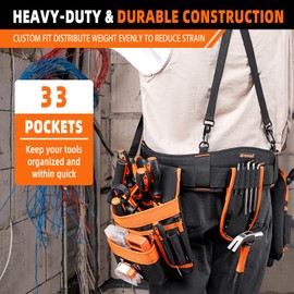 Tool Belt Suspenders, 33-Pocket Tool Belts for Men, Detachable & Adjustable Electrician Tool Belt, Tool Pouches Bag with Suspenders for Framers,Carpenter,Roofing,Contractor（33''-48'')