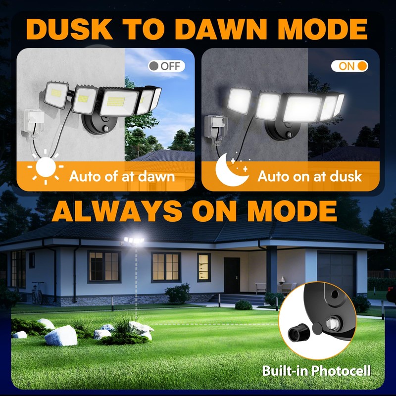 Onforu 150W 15000LM Dusk to Dawn Outdoor Lighting,5 Heads Plug