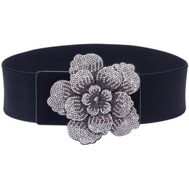 ALAIX Women's Belt Shiny Flower Buckle Bling Stretchy Wide Dress Belts for Women Sparkle Rhinestone Elastic Waistband