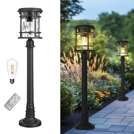 Emliviar Outdoor 28“ Solar Powered Floor Lamp for Patios, Portable Cordless Solar Pathway Light Outside with Water Ripple Glass, Black LED Post Lantern 2700K for Yard, Balcony, XE229PL-S SL BK