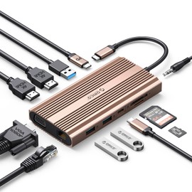 Docking Station USB C to Dual HDMI Adapter, ORICO 12 in 1 USB C Hub with Dual HDMI, VGA, 100W PD, Ethernet, 2 USB-A 3.1, 1 USB 2.0, 1 Type-C 3.1, SD/TF, Audio, Compatible for Windows/Mac OS（Rose Gold）