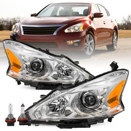 TUSDAR Headlight Assembly Compatible with 2013 2014 2015 Nissan Altima 4-Door Sedan Halogen Headlamps 13 14 15 Altima 4Dr Chrome Housing Amber Reflector Driver Passenger Side Bulbs Included
