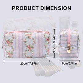 Long Keeper Cute Floral Cotton Cosmetic Bag Toiletries & Beauty Essentials Small Travel Makeup Bag Kawaii Flowers Zipper Make Up Cosmetic Pouch for Women Girls (Wreath)