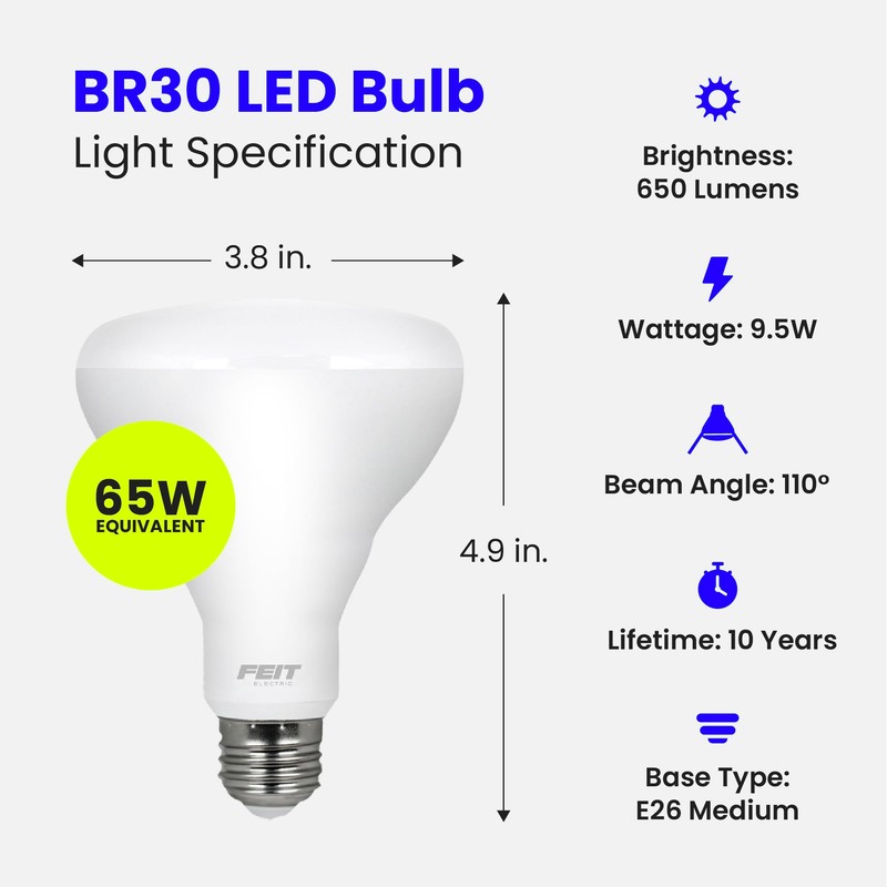 Feit Electric BR30 LED Light Bulbs, 65W Equivalent, Non Dimmable,