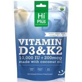 Vitamin D3 10,000 IU & Vitamin K2 200 mcg Softgels with Coconut Oil – High Potency Vitamin D3 K2 Supplement, 300 Softgels
