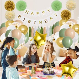 Birthday Decoration Green Gold, 12 Inch Sage Green Balloons Birthday Party Decoration Set with Happy Birthday Banner, Confetti Balloons Decoration Birthday Woman Man Party Balloons for Birthday