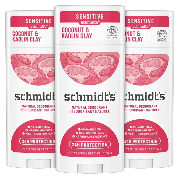 Schmidt's Aluminum Free Coconut & Kaolin Clay Deodorant for Sensitive Skin, 3.25 oz, 3 Pack