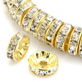 YouLuo 100Pcs Rondelle Spacer Beads Round Czech Rhinestone Crystal Charm Loose Spacer Beads Gold Plated for Jewelry Making Supplies DIY Bracelet Necklace (Gold White Clear, 8mm)