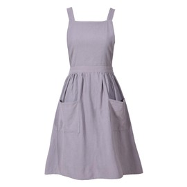 Pinknoke Cotton Linen Pinafore Apron Dress for Women with Pockets Cute Art Chef Aprons for Kitchen Baking Gardening Painting (Gray)