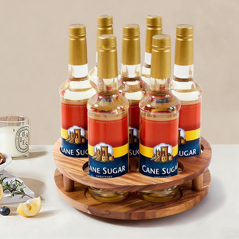 Acacia Wood Rotating Coffee Syrup Organizer, 7 Bottle Coffee Syrup