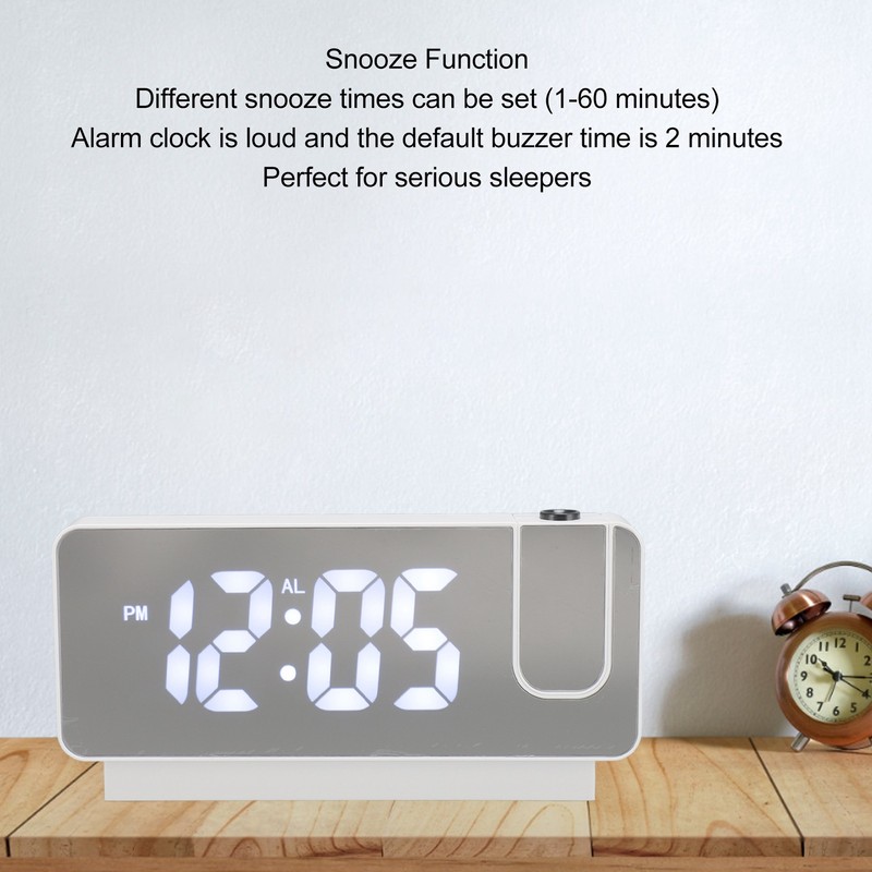 Projection Alarm Clock USB Rechargeable White Light Snooze Function Adjustable