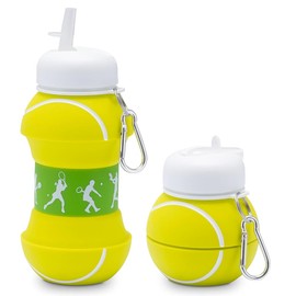 PLNVNVP Children's Sports Water Bottle, Tennis Sports Bottle, Foldable Water Bottle, with Carabiner, Leak-Proof Sports Bottle for School, Funny Tennis Water Bottle (550 ml)