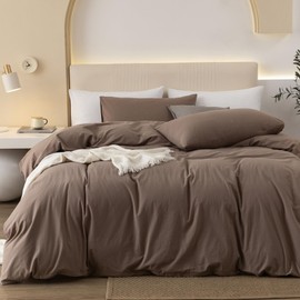 JIYUAN 100% Washed Cotton Duvet Cover Set Comfy Simple Style Soft Breathable Textured Durable Linen Feel Bedding for All Seasons King, Solid Brown