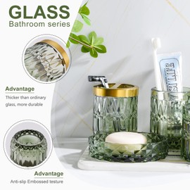 LaMarriti Green Bathroom Accessories Set, 5Pcs Clear Glass Bathroom Accessories, Hand Soap Dispenser, Soap Dish, Toothbrush Holder Set, Tumbler, Qtips Holder for Modern Bath Countertop Decor