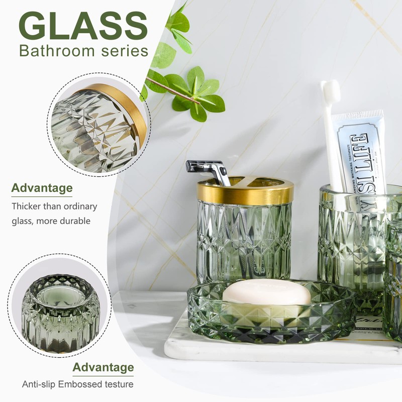 LaMarriti Green Bathroom Accessories Set, 5Pcs Clear Glass Bathroom Accessories,