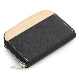 [ABIES] Made in Japan Genuine Leather Round Zipper Coin Purse Prism (Embossed Cowhide with Square Grain Pattern), Black