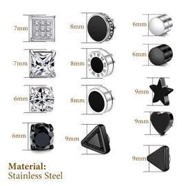 Men's Stainless Steel Stud Earrings, 6/8 Pieces Magnetic Earrings Set, Stud Earrings, Men, Fake Plugs, Stainless Steel Earrings for Men, Women, Unisex, 6/8/9 mm, Stainless Steel, No Gemstone