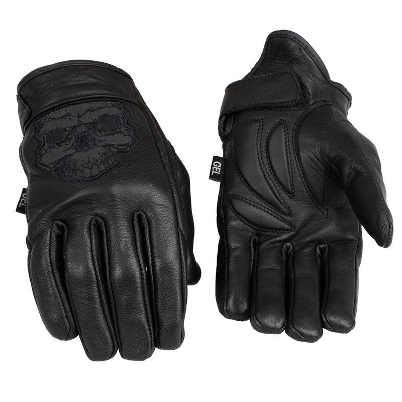 Men's Leather Motorcycle Glove w/Reflective Skull Design & Gel Palm