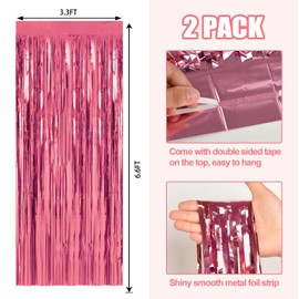 2 Pack Pink Metallic Tinsel Foil Fringe Curtains Party Photo Backdrop Party Streamers for Birthday,Graduation,New Year Eve Decorations Wedding Decor
