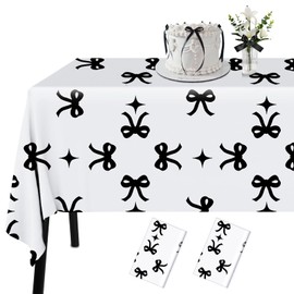 2Pcs Black Bow Plastic Tablecloth Disposable Rectangle Waterproof Table Cover Bow Theme Birthday Decorations Black and White Bow Party Decor for Women Girl Baby Shower Bachelorette Party Supplies