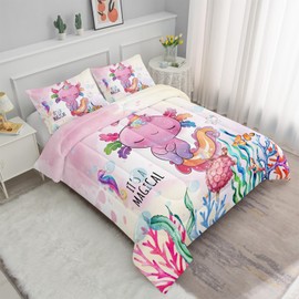 Axolotl Cartoon Twin Comforter, Kawaii Bedding for Girls, Ocean Themed Sea Turtle Bedding, Animal Comforter Set with 1 Quilt, 2 Pillowcases in Pink
