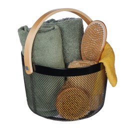 Relaxdays Wire Basket with Handle, Round Storage Basket, Metal & Wood, Utensil Basket Kitchen, Bathroom, Living Room, Black, 1 Piece