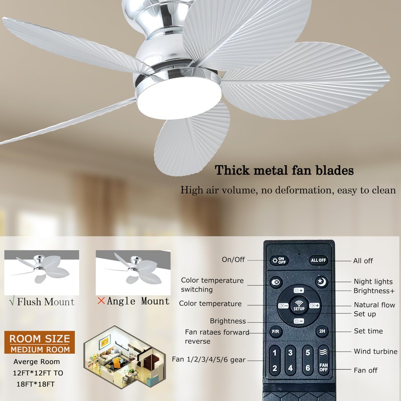 GJeg Tropical Ceiling Fans with Light, 38-inch Flush Mount Palm