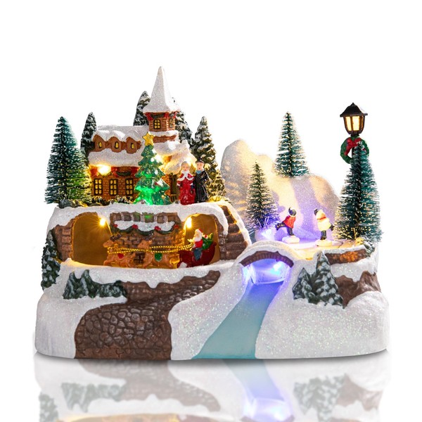 Vigdur Animated Christmas Village Houses - Musical Christmas Village with Colorful Lights & 8 Xmas Music Battery Powered Christmas Collectible Buildings for Home