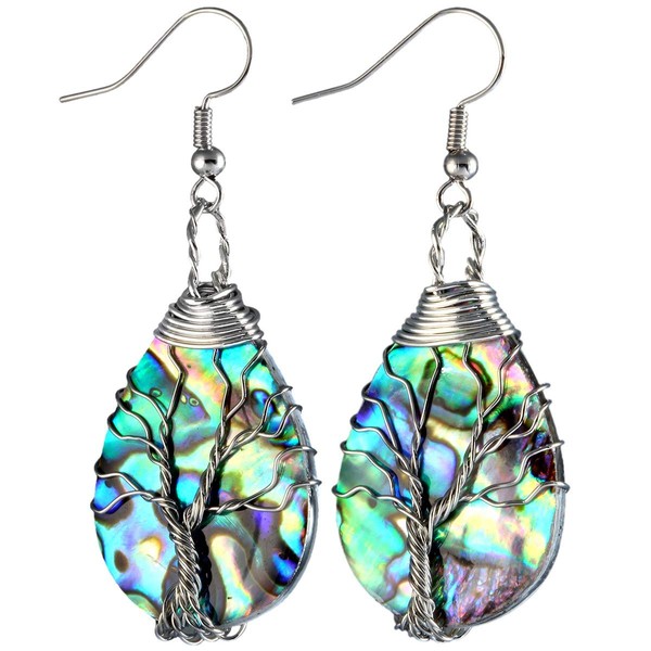 SUNYIK Teardrop Rainbow Abalone Shell Tree of Life Dangle Earrings