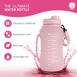 Collapsible Water Bottle for Traveling, Workout or Hiking 64oz Gen 2.0 - Motivational Water Bottle with Time Markings - Half Gallon / 2 L Capacity - BPA Free & Dishwasher Safe (Fruity Pink + Filter)