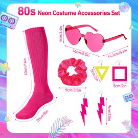 Suncalla 24 Pcs 80s Fancy Dress Costume Accessories for Women Slouch Socks Hair Scrunchies Earrings Heart Glasses for Party(Rose Red)