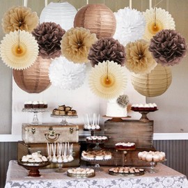 Party Decoration Brown Beige Baby Shower Neutral Birthday Vintage Pompoms Decoration Brown Beige Paper Fan Paper Lantern Natural Set Boho Party Decoration for Birthday Decoration Wedding Decoration