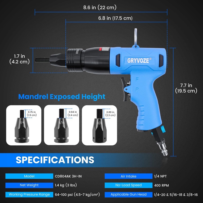 GRYVOZE Pneumatic Rivet Nut Gun Kit with 1/4 & 5/16