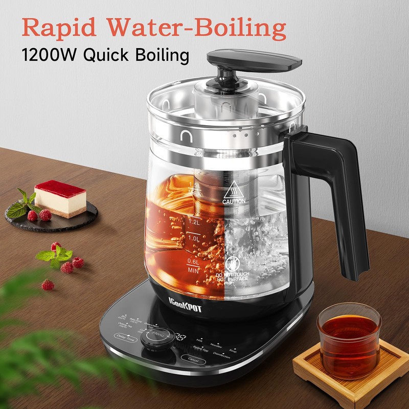 ICOOKPOT Hot Tea Maker Glass Electric Kettle with Infuser and