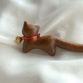 Wooden Hair Sticks with Cute Cat Design - Handmade HairPins, Vintage Hair Chopsticks for Updos, Chinese Hairpin Fortune Cat 1Pack