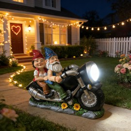 Cute Biker Gnome Couples Statue with Solar Lights - Biker Garden Gnomes Outdoor Funny Figurine - Solar Powered Motorcycle Statues Garden Ornament Art - Travel Gnome Figurine for Patio Yard Decor
