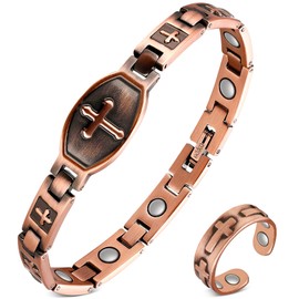 Feraco Pure Copper Bracelets & Rings for Women, Ultra Strength Magnetic Bracelet with 3500 Gauss Magnets, Adjustable with Sizing Tool, Cross Jewelry