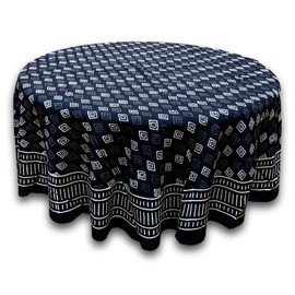 India Arts Hand Block Print Dabu Geometric Tablecloth Round Cotton Table Linen Beach Sheet Beach Throw (Black, Round 72 inches)
