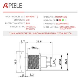 APIELE 22MM Mushroom Head Push Button Switch Momentary Push Button IP65 Waterproof 12V 24V 36 DC 110V 250V AC 5A SPST(22mm, Red)