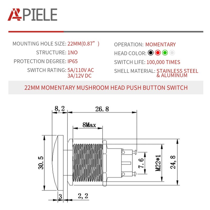 APIELE 22MM Mushroom Head Push Button Switch Momentary Push Button