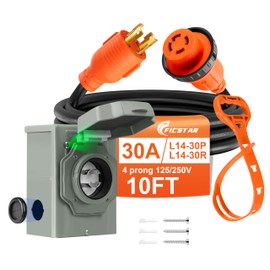 Ficstar 10 FT 4 Prong 30 Amp Generator Cord and Power Inlet Box, NEMA L14-30P to L14-30R Generator Cord Waterproof Combo Kit, 125/250V 7500W 10 AWG SJTW Generator to House Hookup Kit UL&ETL Listed