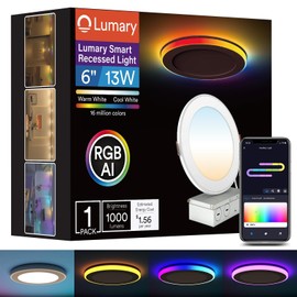 Lumary RGBAI Smart Recessed Lighting 6 Inch with Gradient Accent and Night Ring, 13W 1000LM Wi-Fi LED Recessed Lights, LED Downlight Compatible with Alexa/Google Assistant/Siri, 1PCS