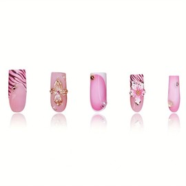 MIXFOSAHN Flower Press on Nails Medium Square Fake Nails Pink False Nails with Embossed Rhinestone Designs Wild Flowers Glossy Stick on Nails Glue on Nails Acrylic Nails for Women Girls 24 Pcs