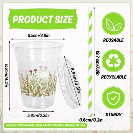 JarThenaAMCS 50Pcs 12Oz Wildflower Disposable Plastic Cups with Lids and Straws Vintage Floral Cold Beverage Drinking Cups for Home Kitchen Party Supplies