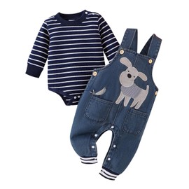 CETEPY Baby Boy Clothes 3-6 Months Fall Winter Newborn Fashion Outfits Infant Long Sleeve Striped Romper Cute Dog Cartoon Button Jeans Overalls Pants Set Midnight Blue 3-6 Months
