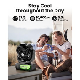 27H Work Hours Rechargeable Camping Fan, Portable Battery Operated Desk Fan with Remote, Oscillating Fan with Timer, Tent Fan with Hook for RV Camp Hurricane Emergency Black