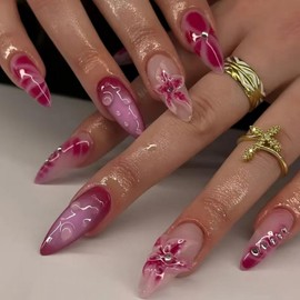 Handmade Press on Nails Medium Almond OFDNE 3D Flower Fake Nails False Nails with Designs Floral Rose Pink Glossy Glue on Nails Handmade Nails Acrylic Nails for Women Girls 24 Pcs